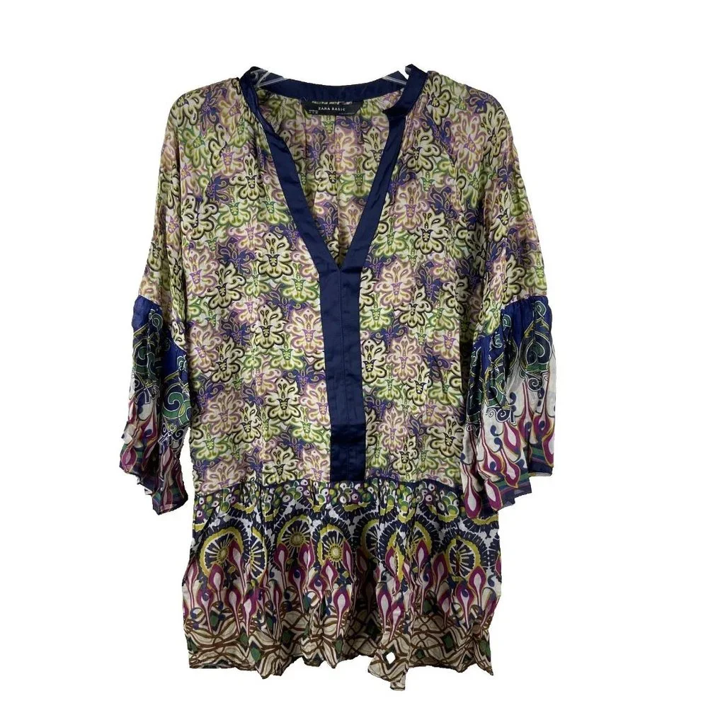 Zara Women’s Tunic Top Sz M Blouse, Boho, Art Deco design, fabulous bell sleeves - Picture 2 of 6